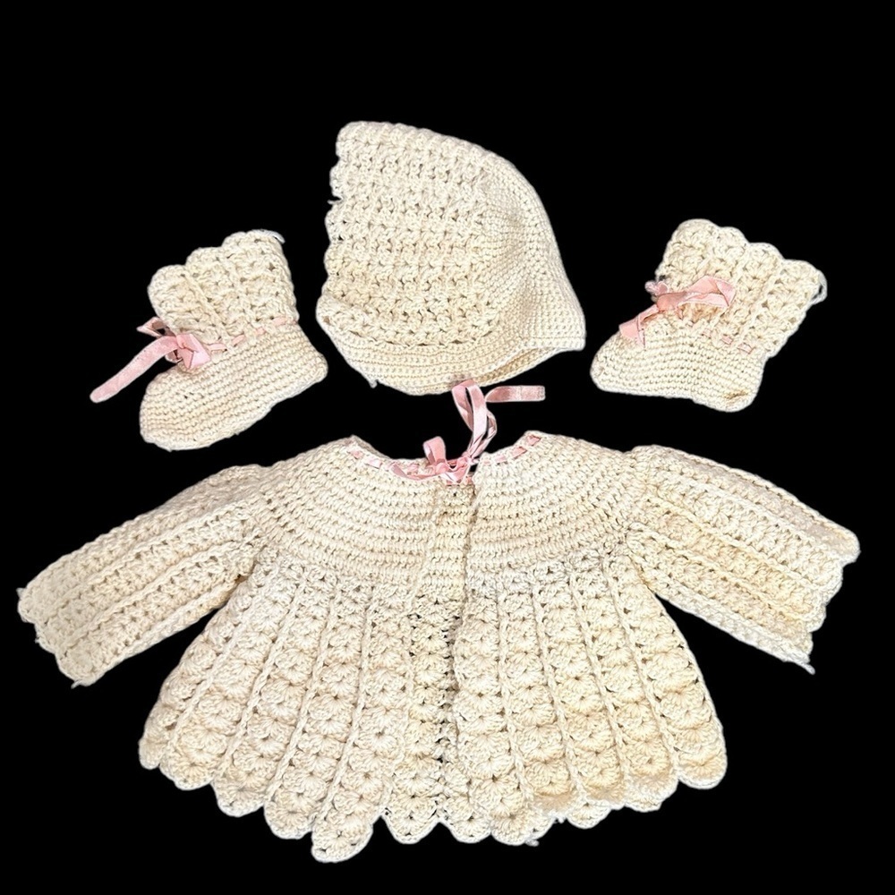 Vintage Hand Crocheted Sweater Set Jacket Bonnet Hat Booties Ivory Color 1950’s